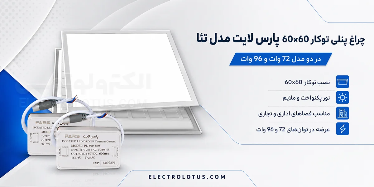 شرح ‌‌‌‌چراغ پنلی توکار 60*60 پارس لایت مدل تئا