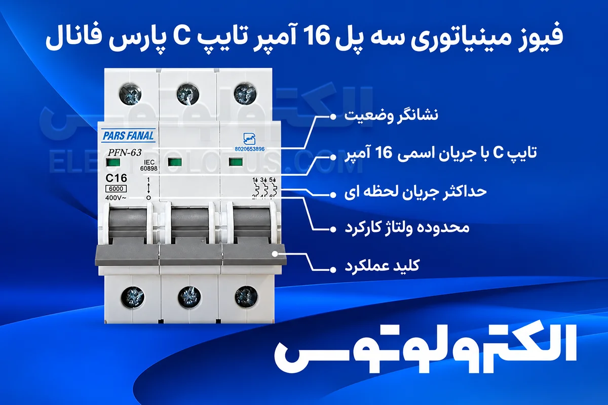 شرح فیوز مینیاتوری سه پل 16 آمپر تایپ C پارس فانال